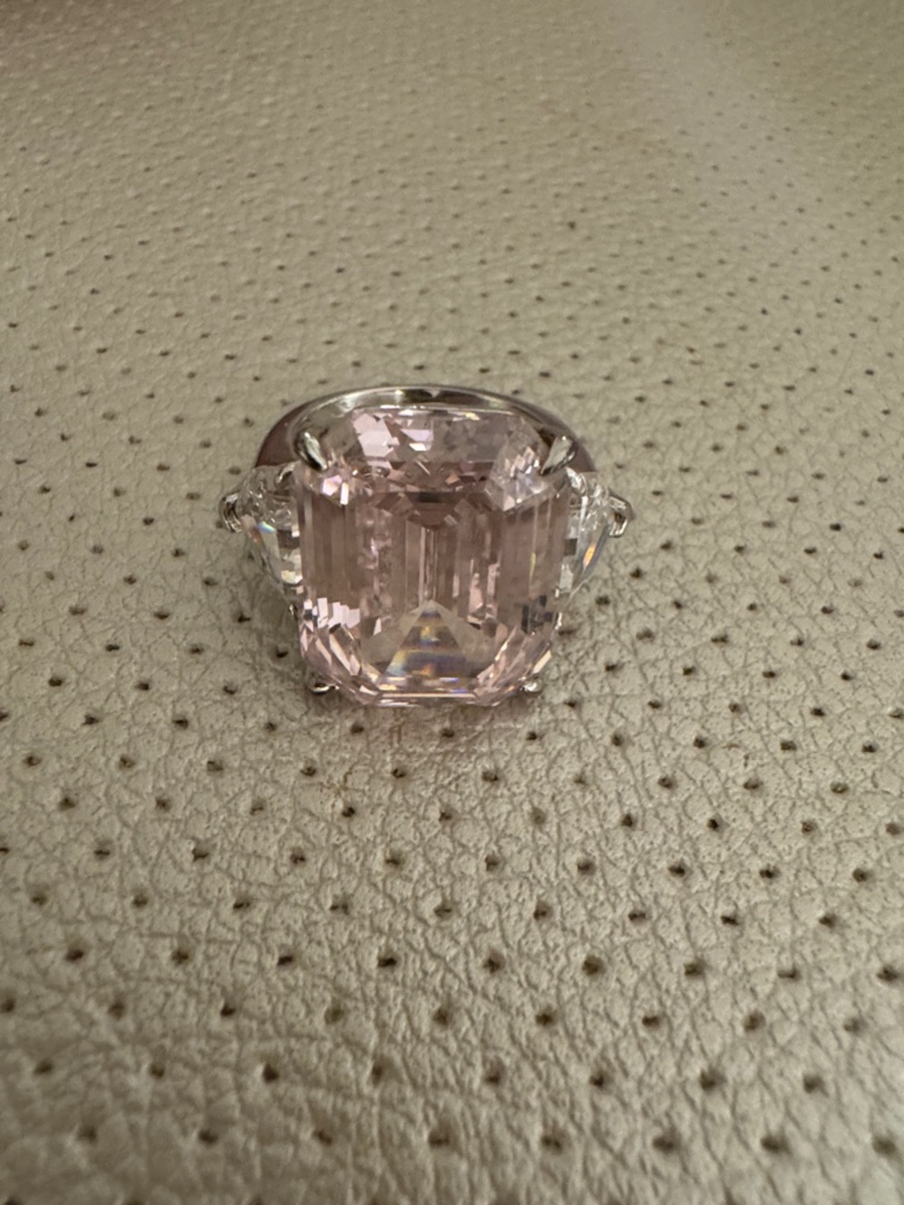 Authentic Ana Zuckerman Pink Emerald-Cut Cocktail Ring with Clear Accent Stones